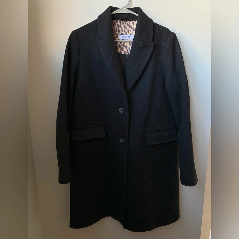 NINE WEST Women’s Black Wool Blend Button Front Animal Print Lined Long Coat